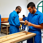 Home 10 Vocational Training in Prison**
"A bright and airy vocational training workshop inside an Italian prison. Inmates, fully clothed in modest work uniforms, are learning carpentry skills. They are focused on their work, creating wooden objects. The scene is well-lit, showcasing the equipment and the dedication of the participants. Safe for work, appropriate content, fully clothed, professional setting, perfect anatomy, natural proportions, high quality, family-friendly. "
**