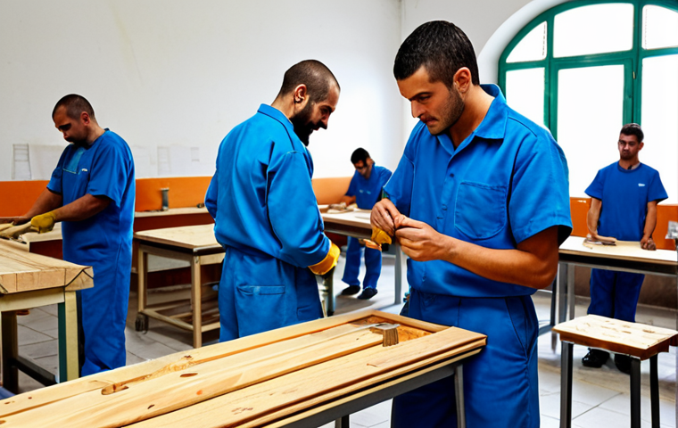 Vocational Training in Prison**

"A bright and airy vocational training workshop inside an Italian prison. Inmates, fully clothed in modest work uniforms, are learning carpentry skills. They are focused on their work, creating wooden objects. The scene is well-lit, showcasing the equipment and the dedication of the participants. Safe for work, appropriate content, fully clothed, professional setting, perfect anatomy, natural proportions, high quality, family-friendly. "

**