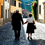 Home 13 강력범죄자의 가족 인터뷰 사례 - Family in Shadows**
"A family of four walking down a street in a quaint Italian town, the father sl...